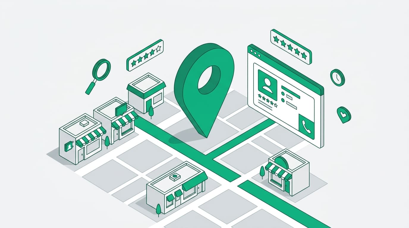 Isometrische illustratie van Google Maps locatiepin met winkels en bedrijfsprofiel