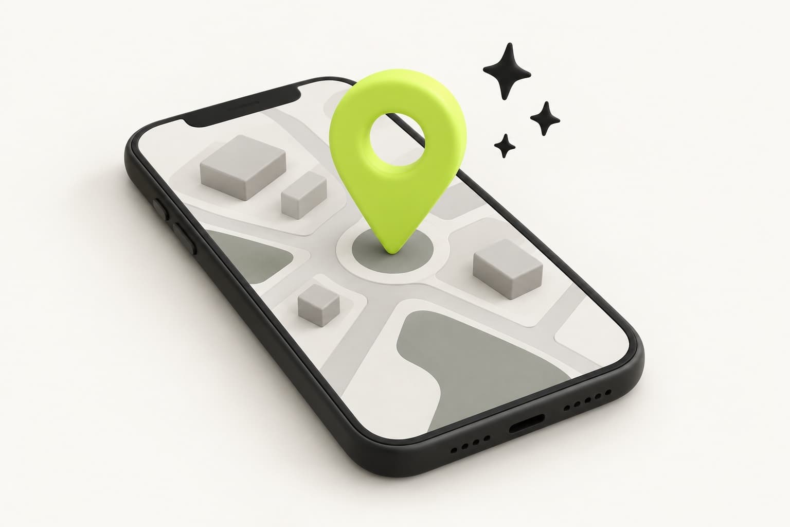 Smartphone met een kaart waaruit een grote lime locatiepin omhoog komt