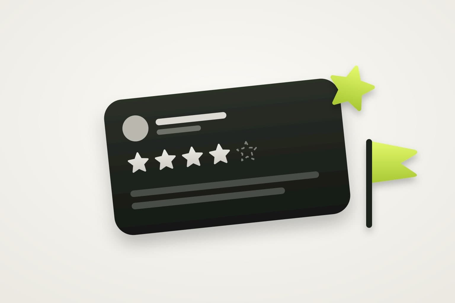Zwarte reviewkaart met vijf sterren, waarvan één ster loskomt en door een lime vlag wordt gemarkeerd