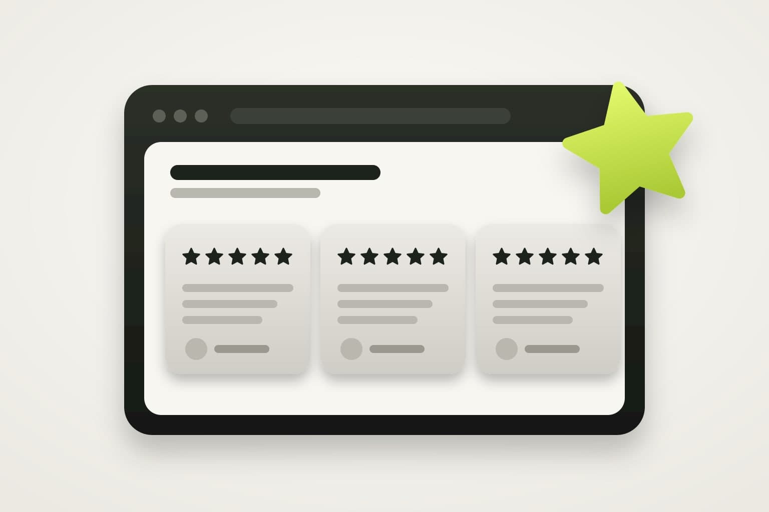 Browservenster met drie reviewkaartjes en vijf sterren, met een lime ster die het venster in schuift