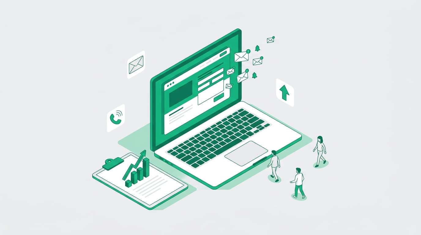 Illustratie van een laptop met een contactformulier en binnenkomende aanvragen