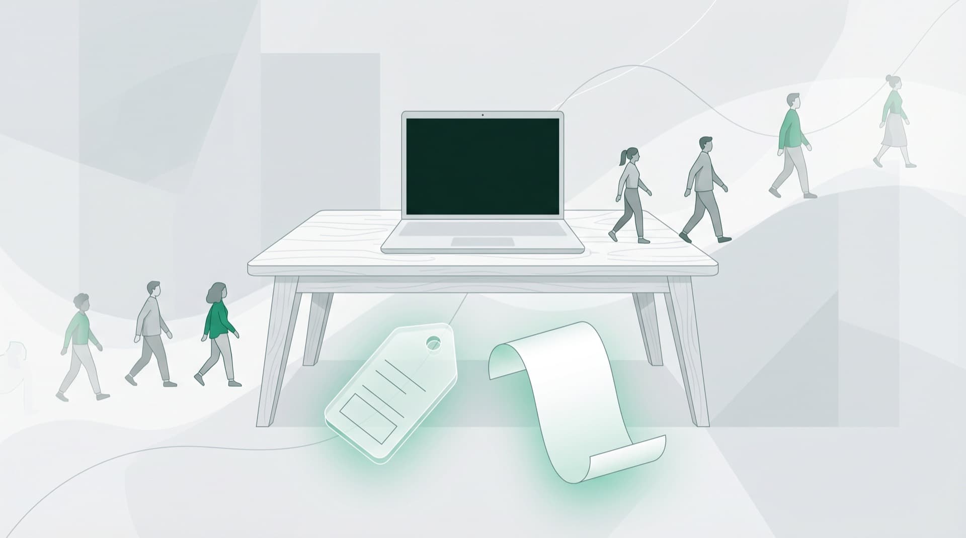 Illustratie van een leeg bureauscherm met een vraagteken en weglopende klanten