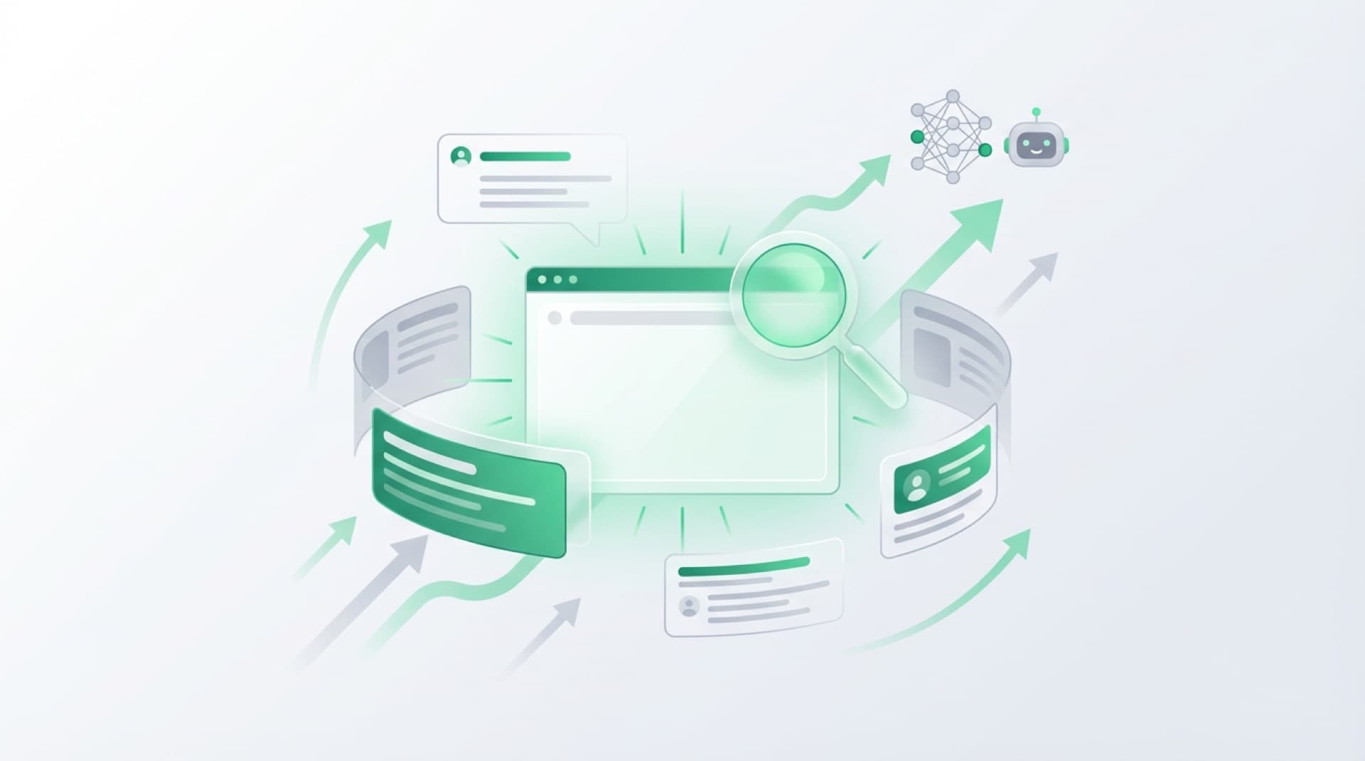 Illustratie van een website omringd door zoekresultaten, een vergrootglas, groeipijlen en een AI-robot over SEO en vindbaarheid