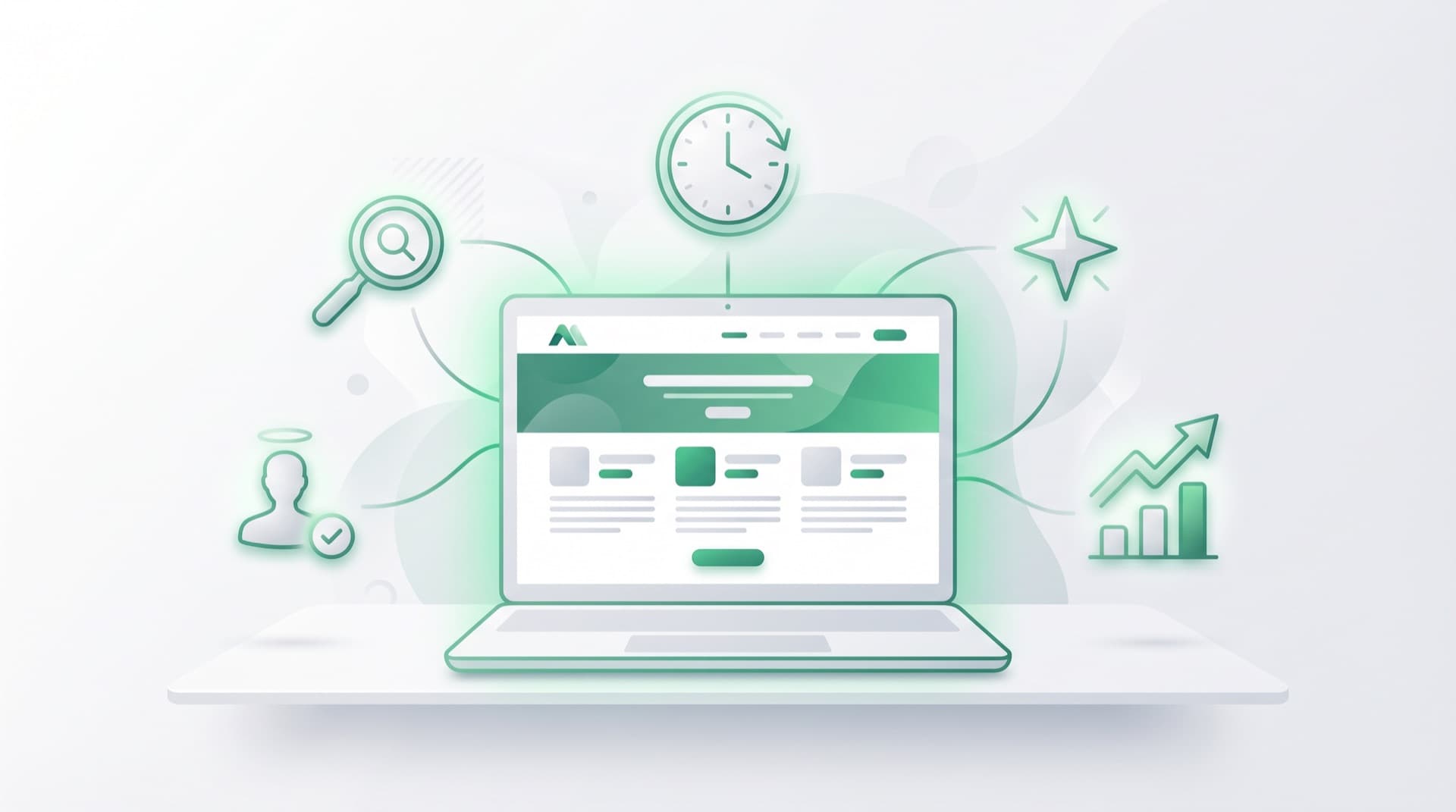 Illustratie van een bedrijfswebsite met iconen van voordelen zoals klanten, personeel en zichtbaarheid