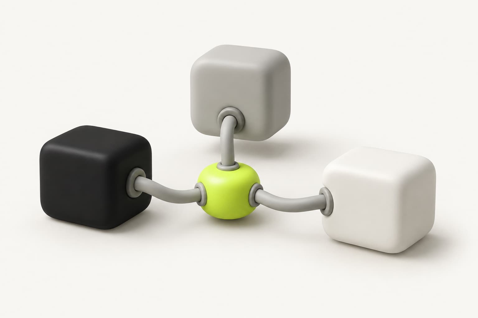 Drie softwareblokken verbonden via kabels met een lime koppelpunt in het midden