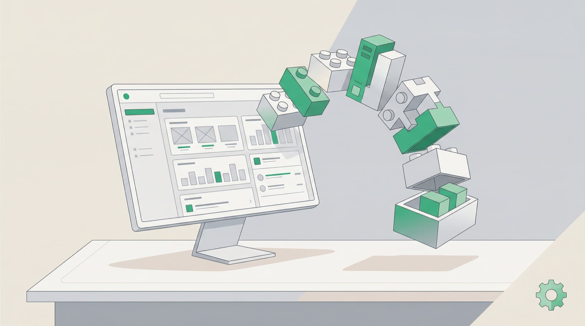 Illustratie van een monitor met dashboard en modulaire bouwblokken die uit het scherm komen, webapplicatie bouwen