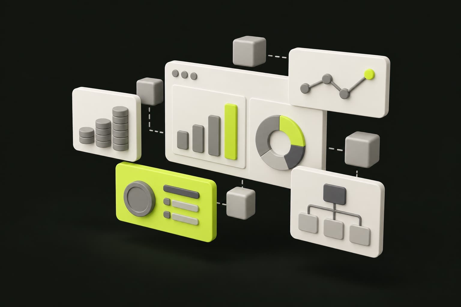 Zwevende dashboardpanelen met grafieken die als bouwblokken een webapplicatie vormen