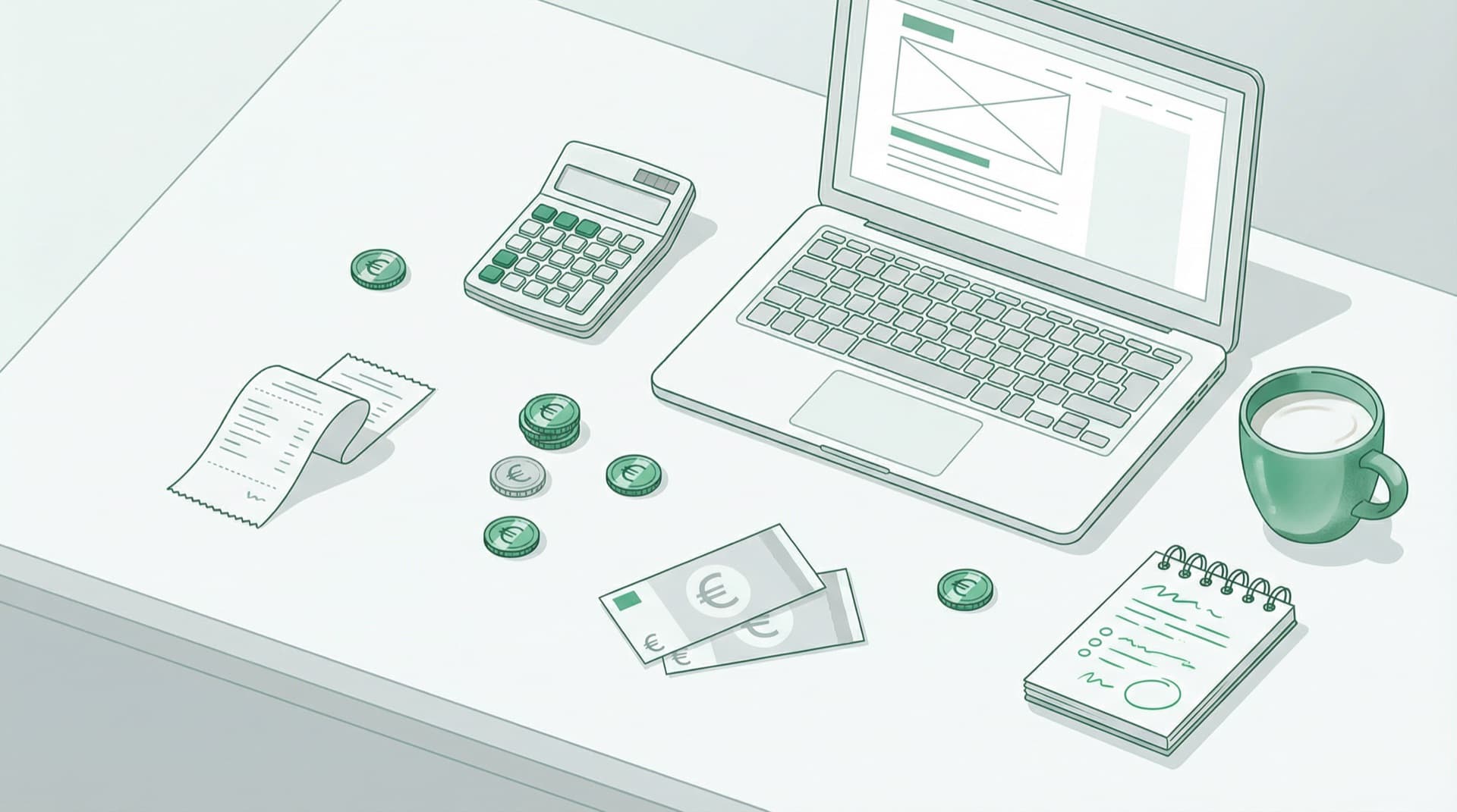 Illustratie van een bureau met laptop, rekenmachine, euromunten en een notitieblok over kosten van een website