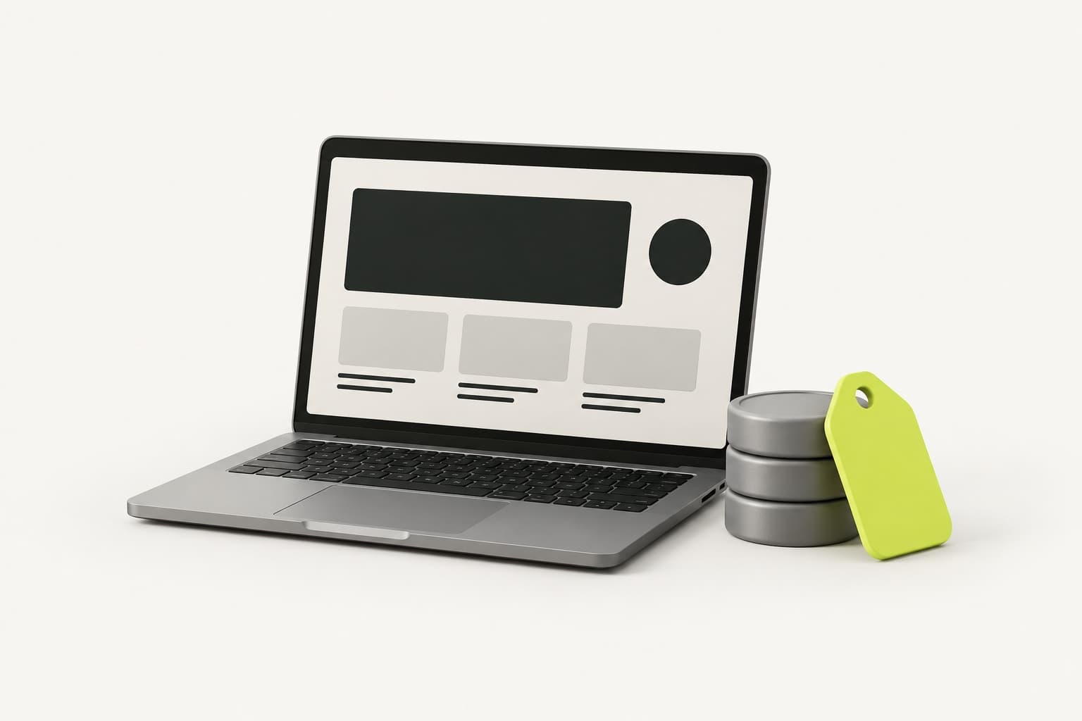 Laptop met een websiteontwerp naast een stapel munten en een lime prijskaartje