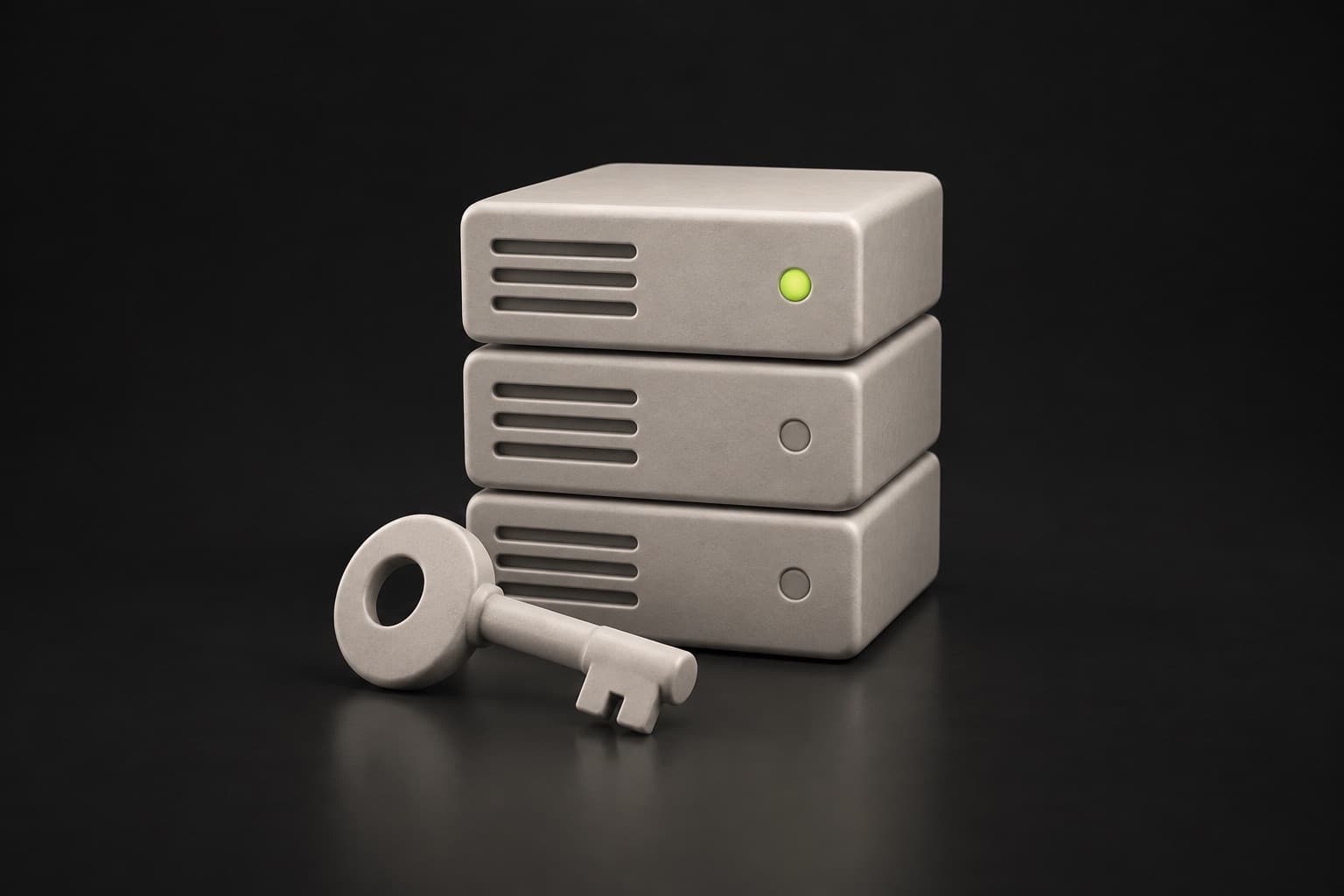 Kleine serverkast met een lime statuslampje en een sleutel ervoor