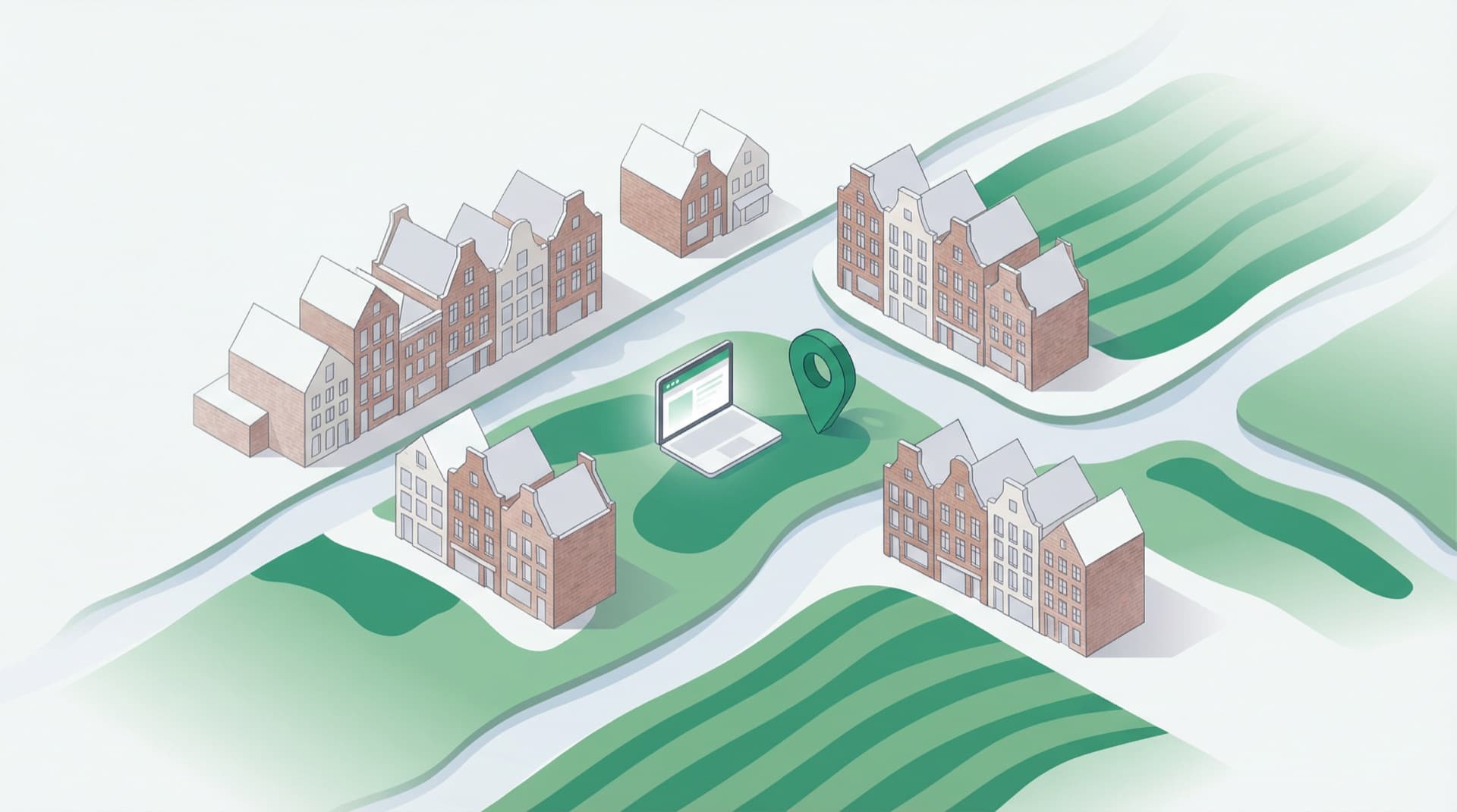 Illustratie van een Noord-Nederlands dorpsgezicht met bakstenen gevels, groene weilanden en een laptop met locatiepin