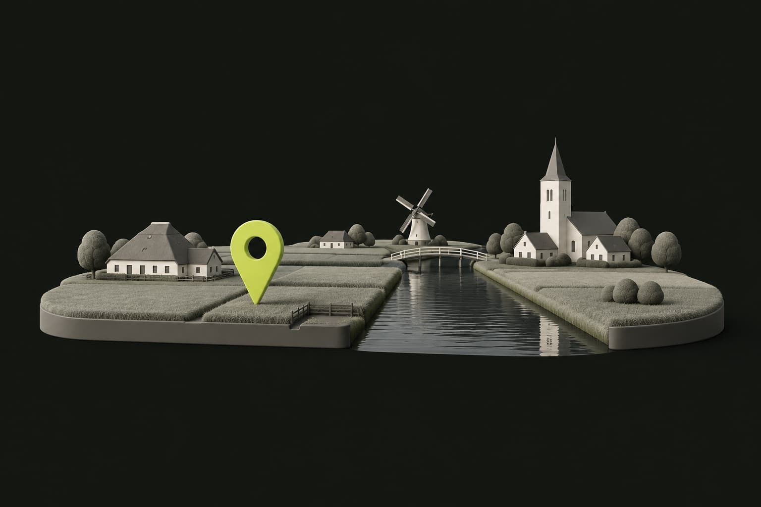 Miniatuur van het Noord-Nederlandse landschap met boerderijen, kerk, molen, vaart en een lime locatiepin