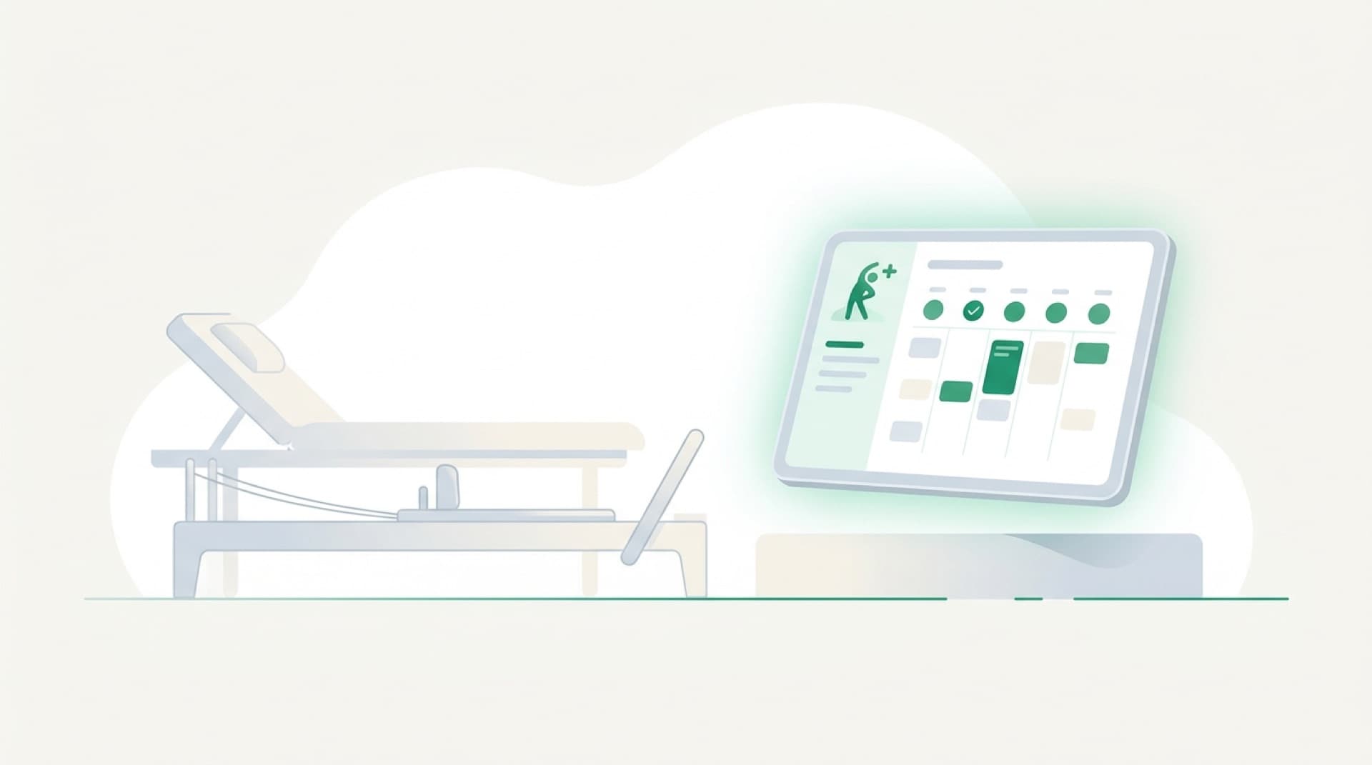 Illustratie van een fysiotherapiepraktijk met een tablet waarop een afsprakensysteem staat