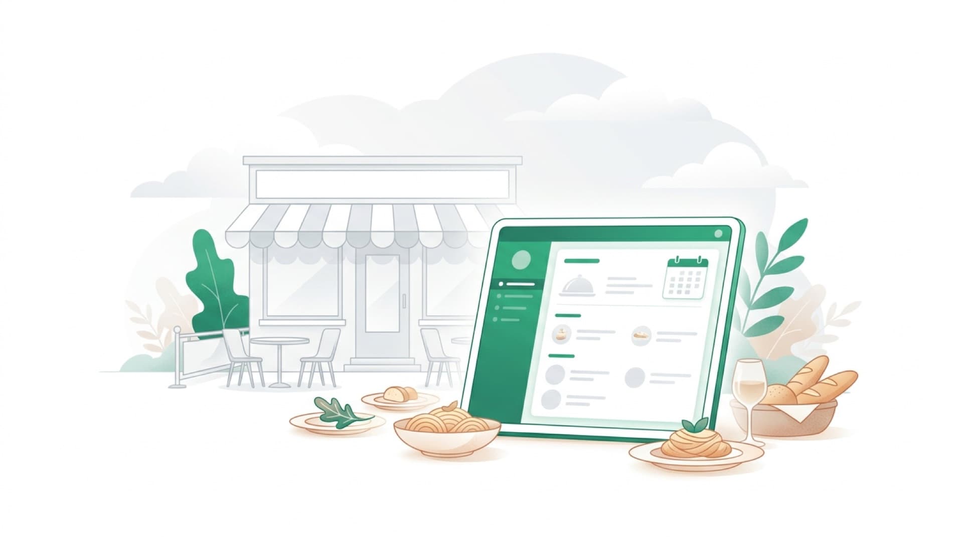 Illustratie van een restaurant met een tablet waarop een menukaart en reserveringssysteem staat