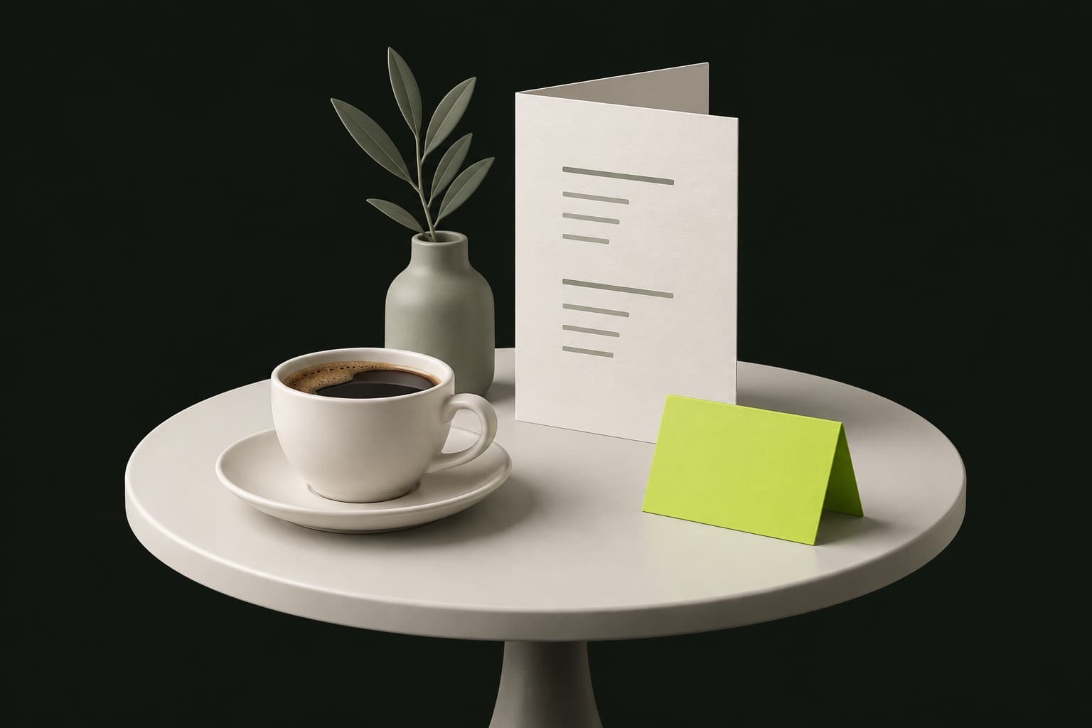 Cafétafel met koffiekop, menukaart en een lime reserveringskaartje