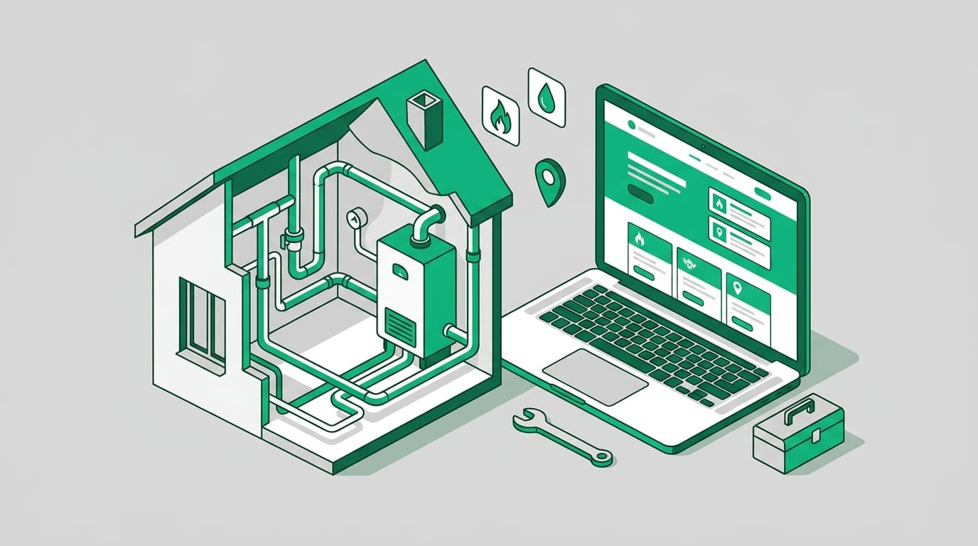 Illustratie van een installateur met gereedschap naast een laptop met een bedrijfswebsite