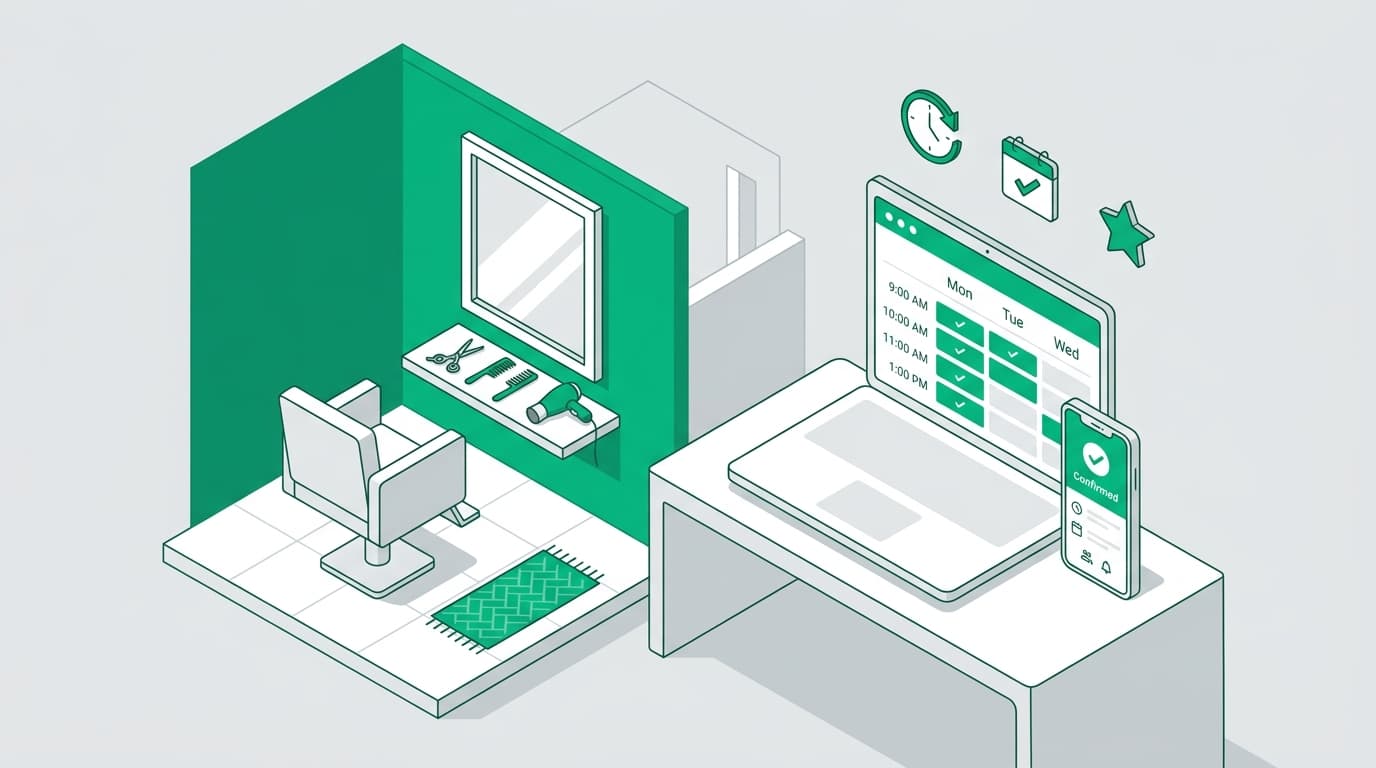 Illustratie van een kapsalon met spiegel en een tablet met een online boekingssysteem