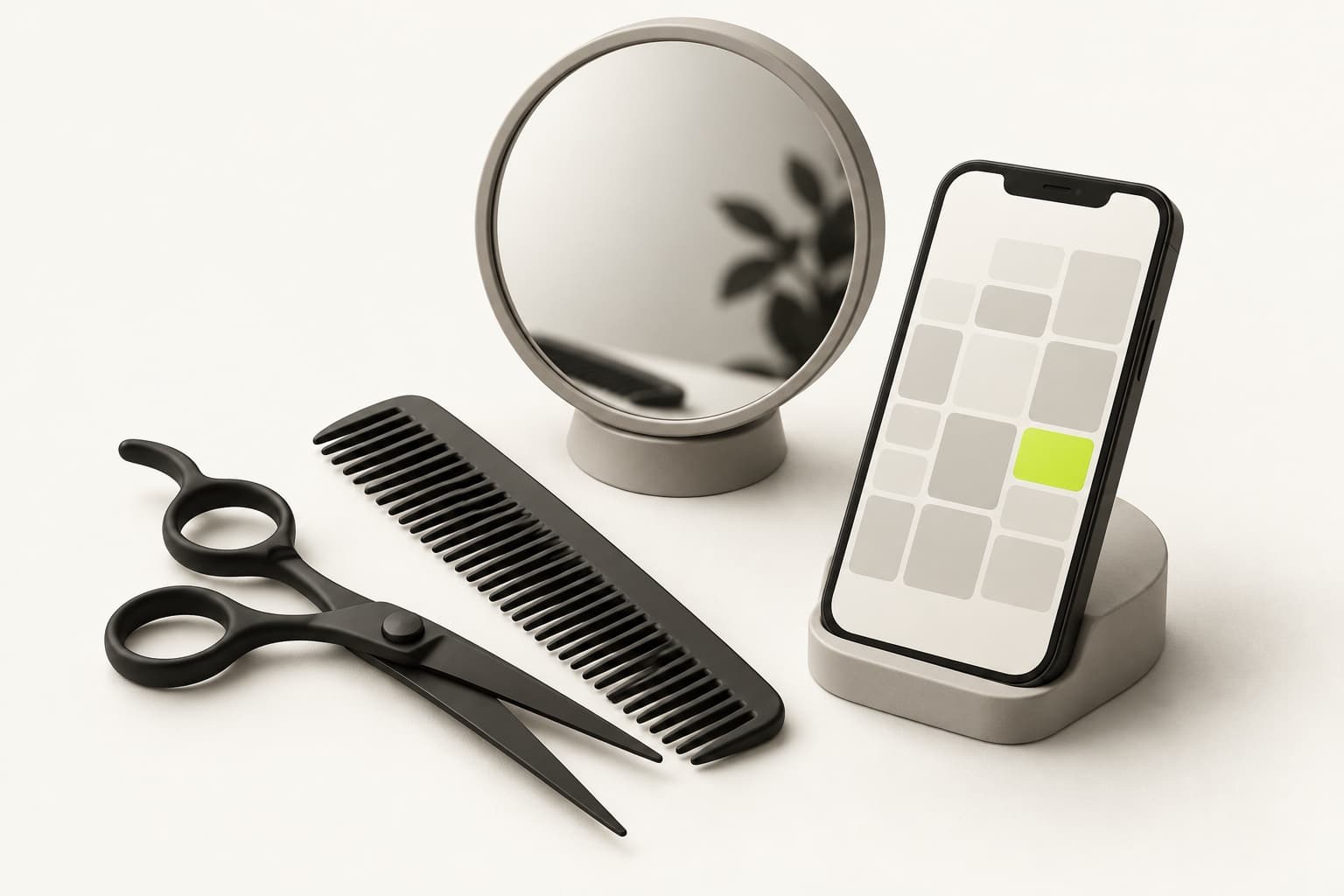 Schaar, kam, ronde spiegel en een telefoon met een boekingsagenda met een lime tijdslot
