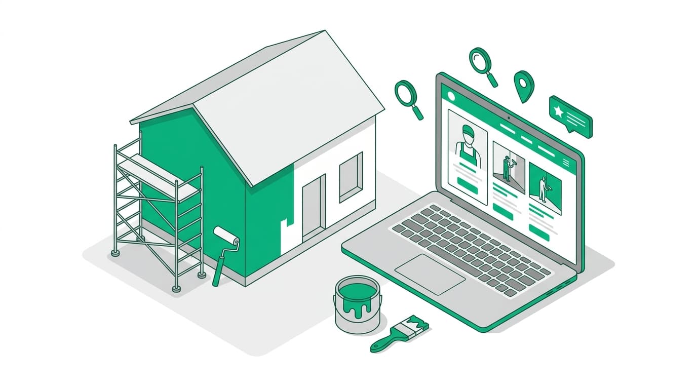 Illustratie van een verfroller naast een laptop met een schildersbedrijf website