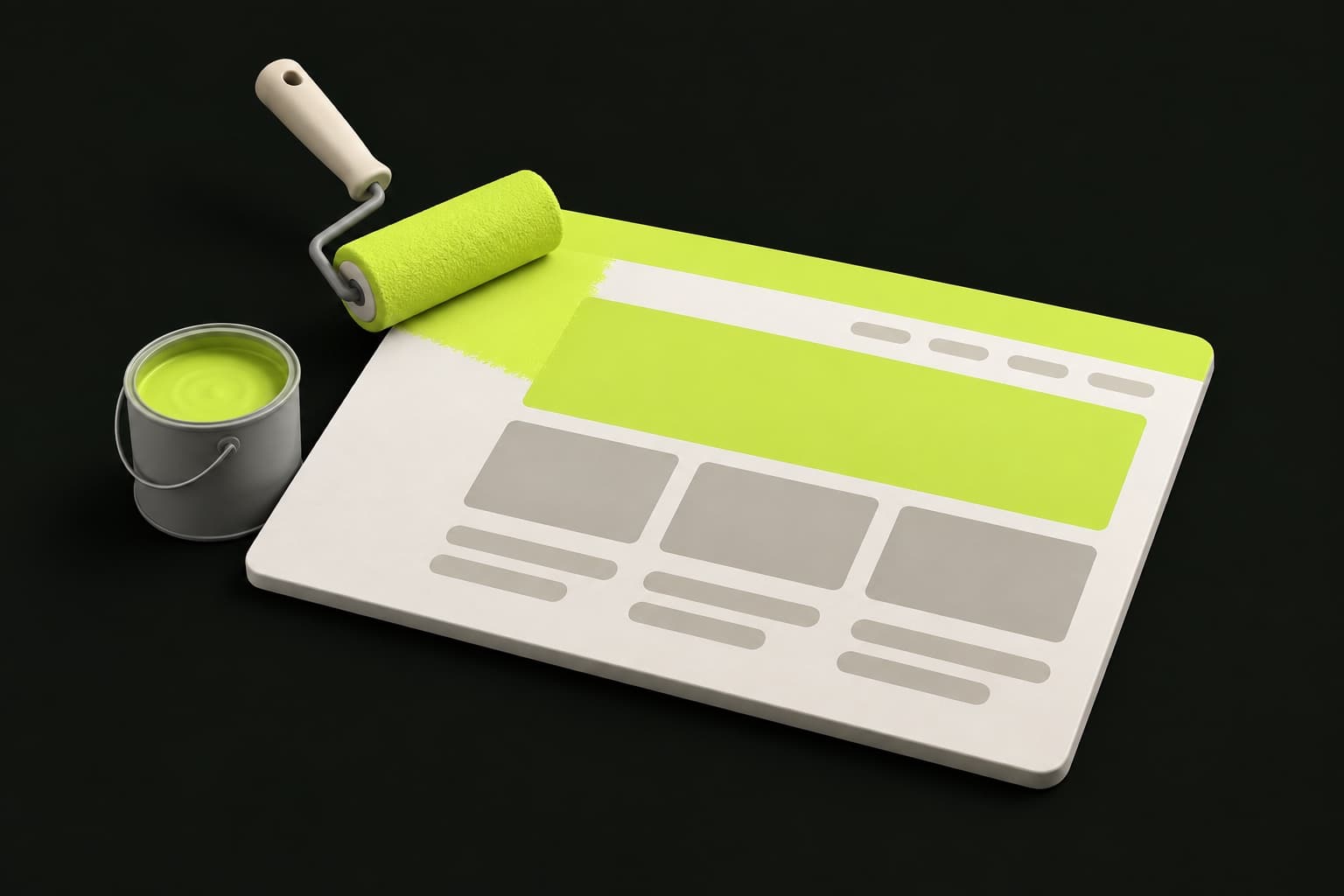 Verfroller die een lime baan verft over een paneel dat een website-indeling wordt