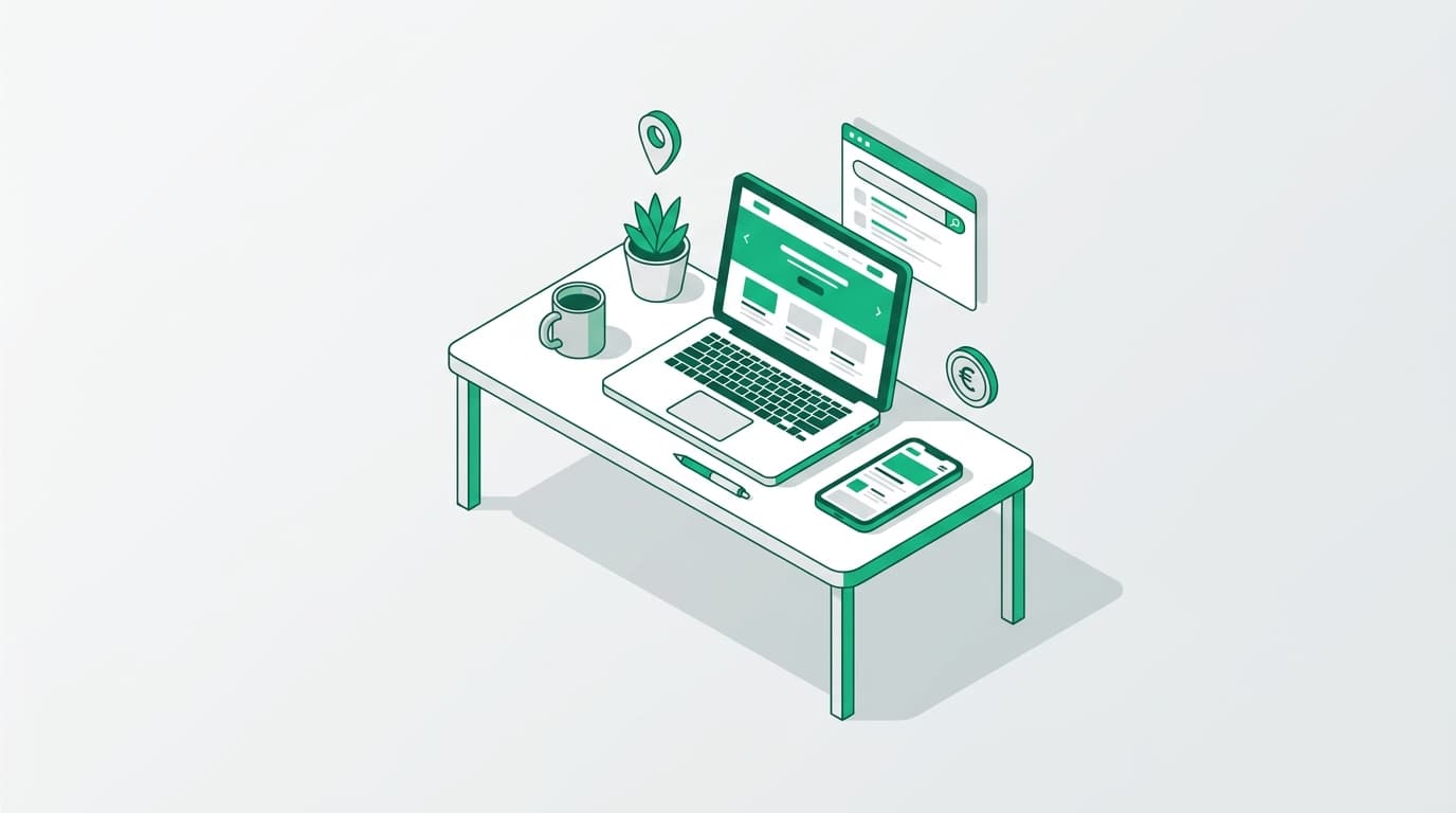 Isometrische illustratie van een ZZP werkplek met laptop en website op smartphone