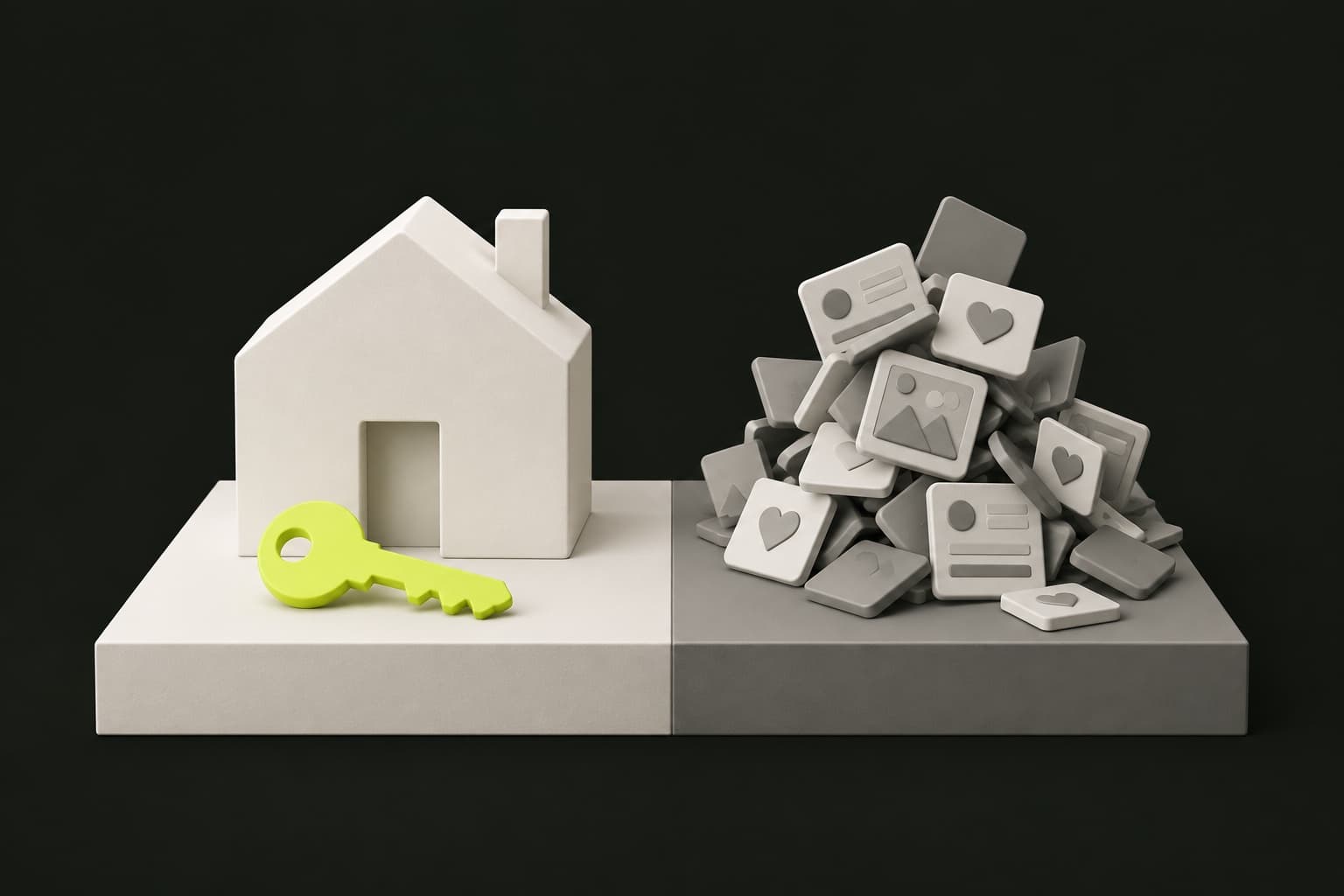 Eigen website als huis met lime sleutel naast een losse stapel social media berichten