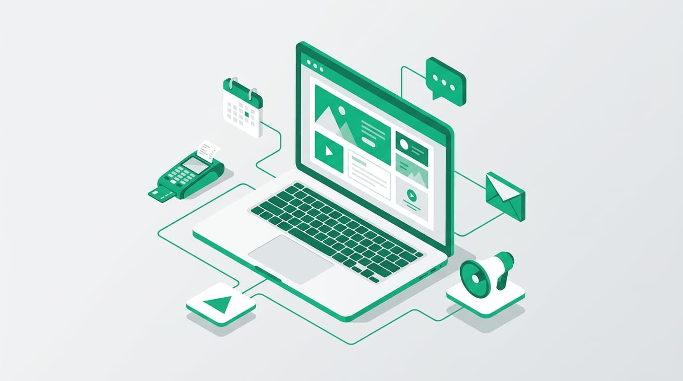 Illustratie van een website omringd door iconen van tools: agenda, betaalpas, chatballon en advertentie