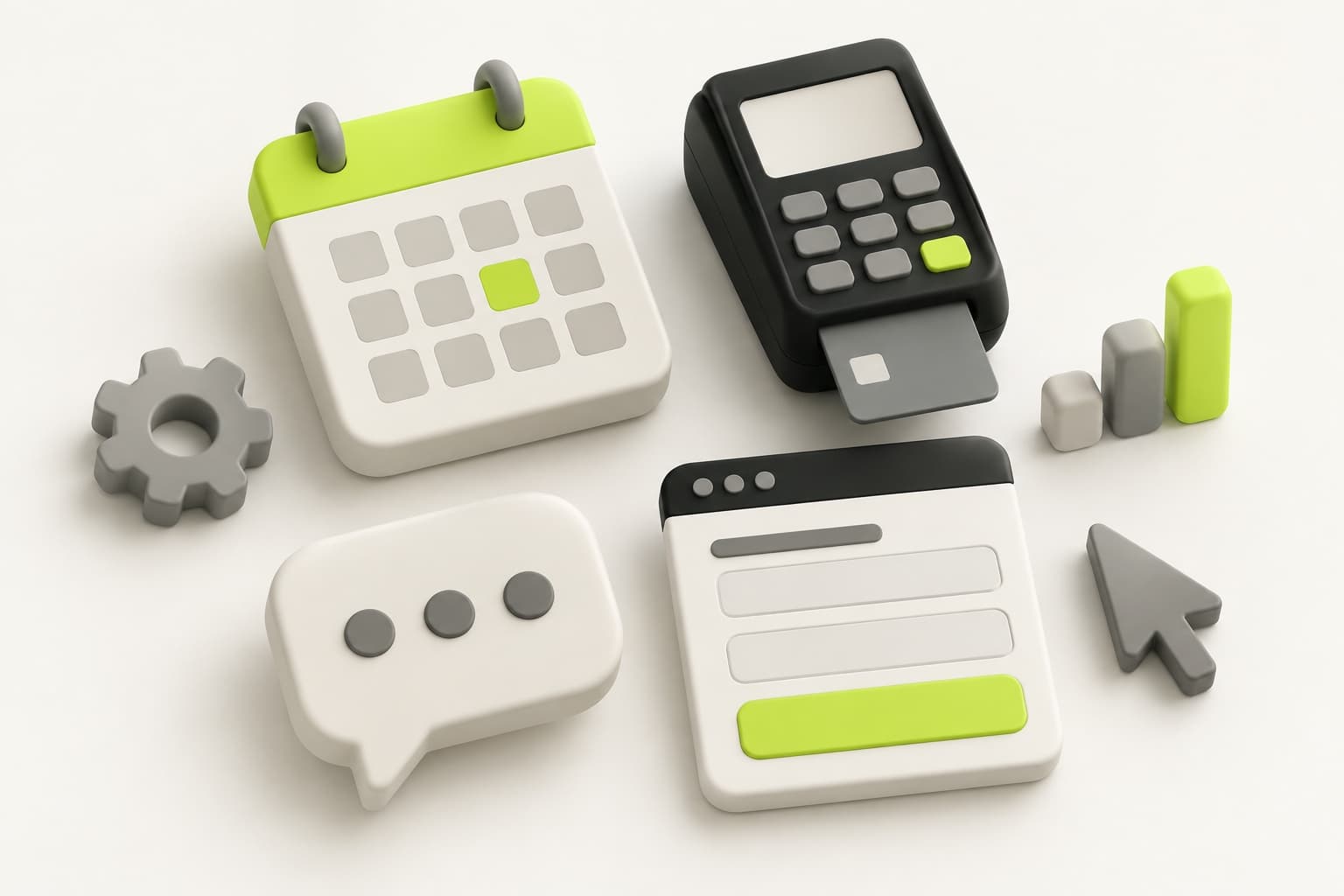 Websitetools als objecten: lime kalender, pinautomaat, chatballon, formulier en grafiek