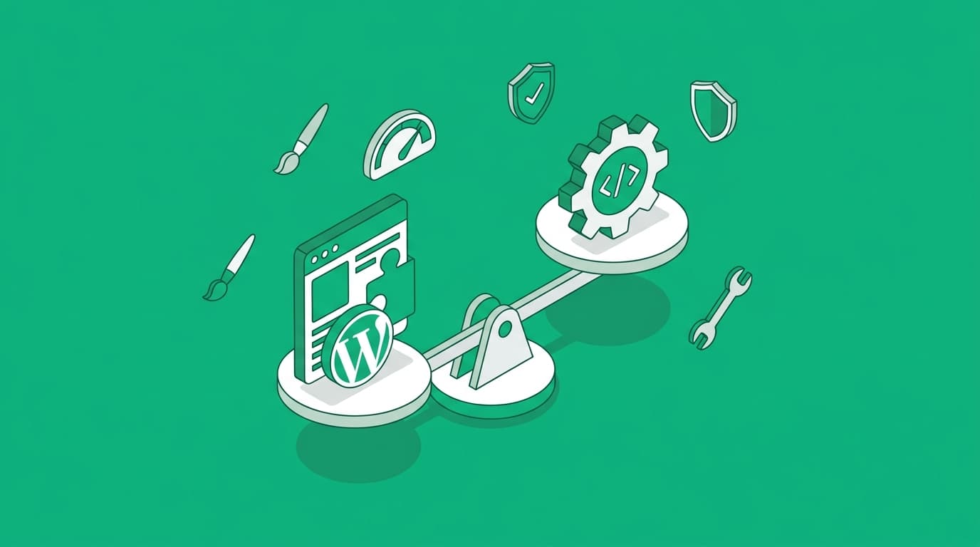 Isometrische illustratie van een weegschaal met WordPress en maatwerk development