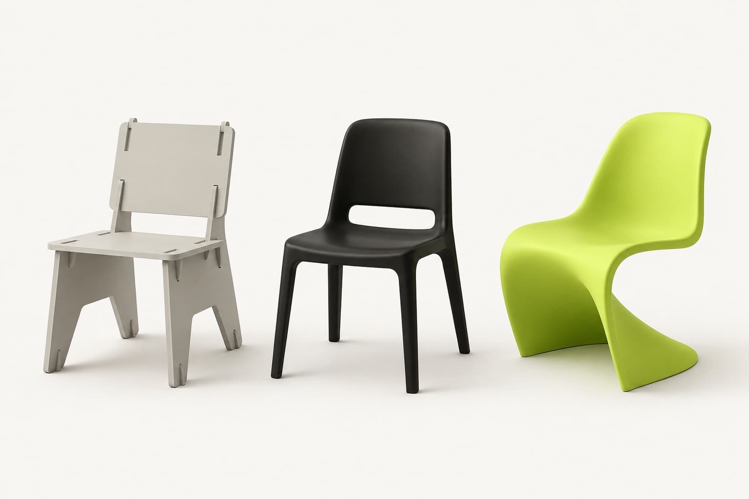 Drie stoelen naast elkaar: een bouwpakket, een standaard plastic stoel en een lime maatwerk stoel