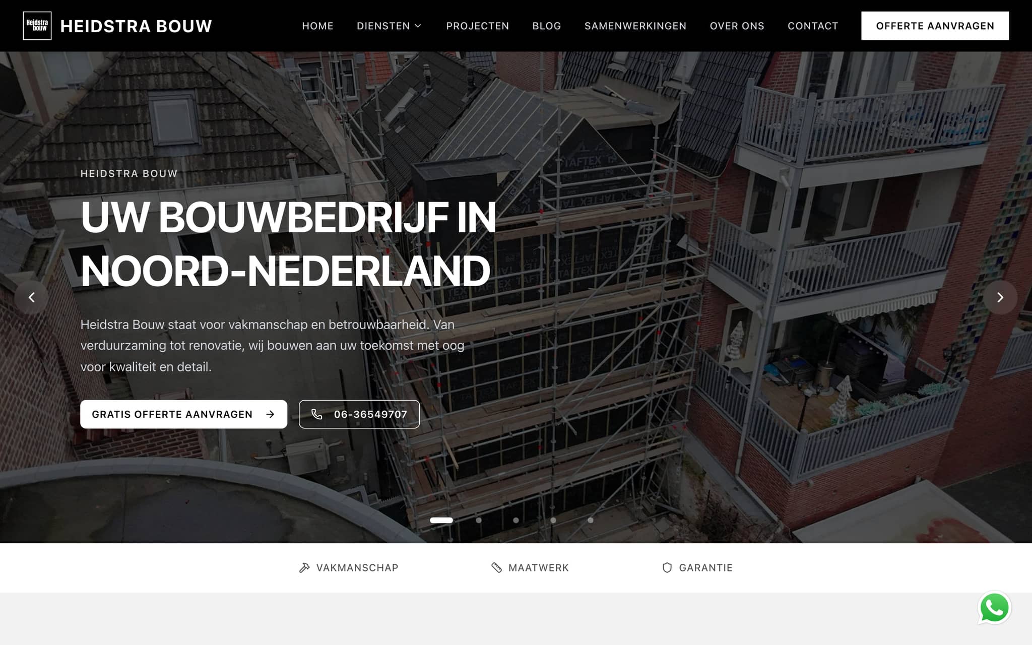 Heidstra Bouw website, gebouwd door Postmaster
